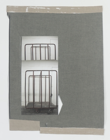 Jude Broughan<br /> <i>Industry</i>, 2016<br /> Inkjet print on vinyl, linen, cotton, gouache and thread<br /> 78 1/2 x 58" (unique)&nbsp;