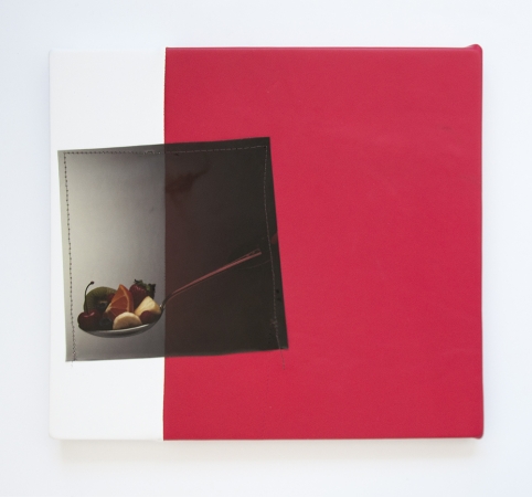 Jude Broughan<br /> <i>Label</i>, 2016<br /> Large format positive transparency, leather, stretched vinyl and thread &nbsp;<br /> 14 x 15" (unique)&nbsp;