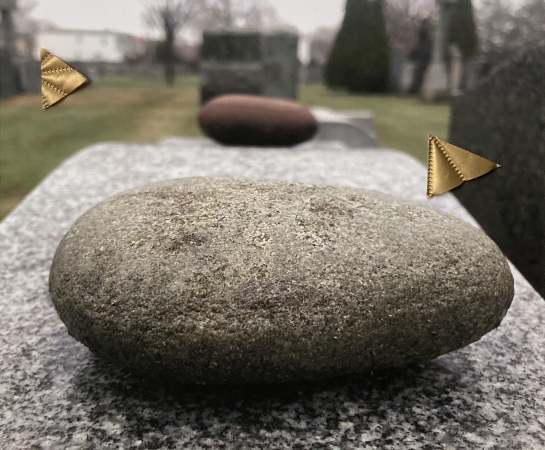 Jude Broughan,Round Stones, Pandemic Cemetery Walk, 2022, archival inkjet print, metalic vinyl, thread, 11 1/2 x 14 in, edition of 5