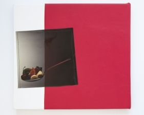 Jude Broughan<br /> <i>Label</i>, 2016<br /> Large format positive transparency, leather, stretched vinyl and thread &nbsp;<br /> 14 x 15" (unique)&nbsp;