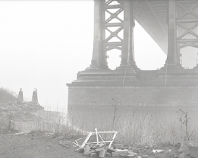 Jed Devine<br /> <em>Base of the Manhattan Bridge and Rubble in Fog,&nbsp;</em><br /> <em>from a vacant lot, Brooklyn, 1985</em><br /> 2 x 6.5", Platinum-palladium print on Japanese rice paper