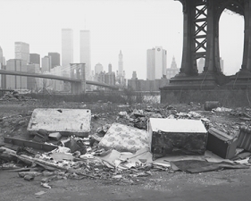 Jed Devine<br /> <em>Refuse Dumped Below the Manhattan Bridge,&nbsp;</em><br /> <em>from John Street, Brooklyn, 1984</em><br /> 2 x 6.5", Platinum-Palladium print on Japanese rice paper