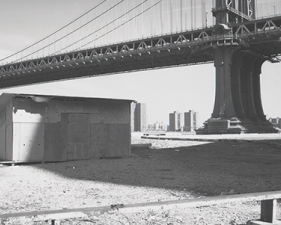 Jed Devine<br /> <em>Manhattan Bridge with Workshed,&nbsp;</em><br /> <em>from Plymouth Street, Brooklyn, 1992</em><br /> 2 x 6.5", Platinum-palladium print on Japanese rice paper