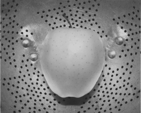 Jed Devine<br /> <em>Untitled (Colander and Apple)</em><br /> Platinum-palladium print on Japanese rice paper<br /> 8 x 10"